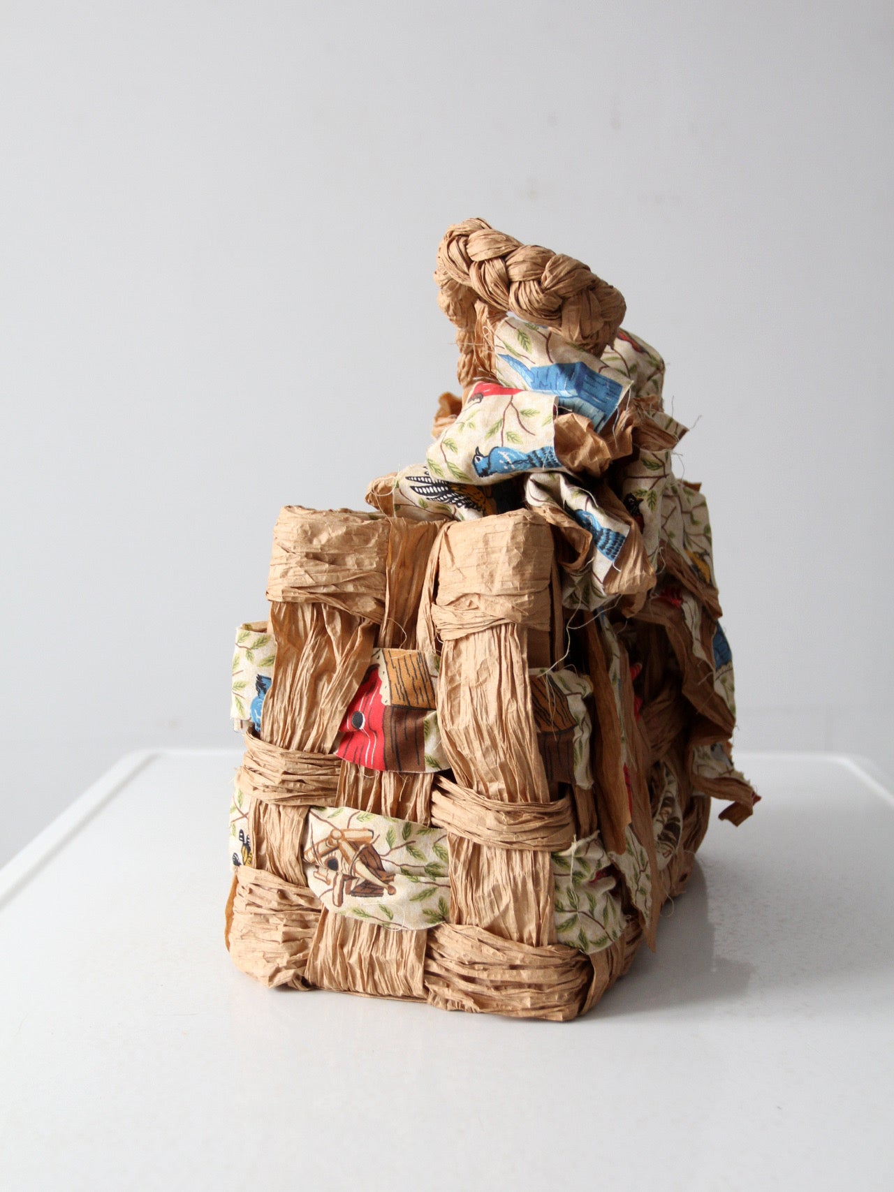 vintage woven paper tote with bird print fabric