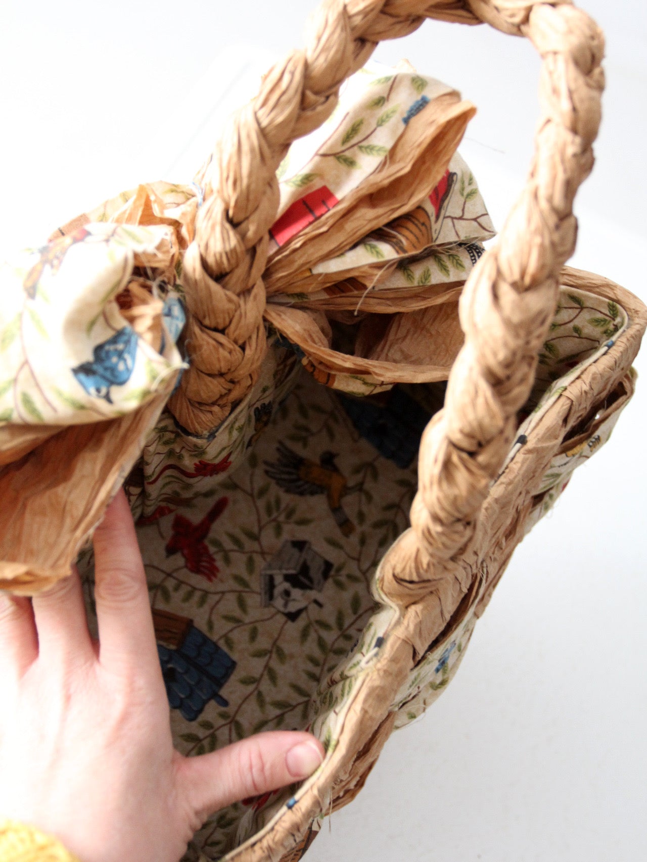 vintage woven paper tote with bird print fabric