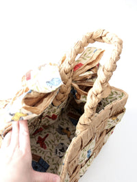 vintage woven paper tote with bird print fabric