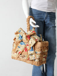 vintage woven paper tote with bird print fabric