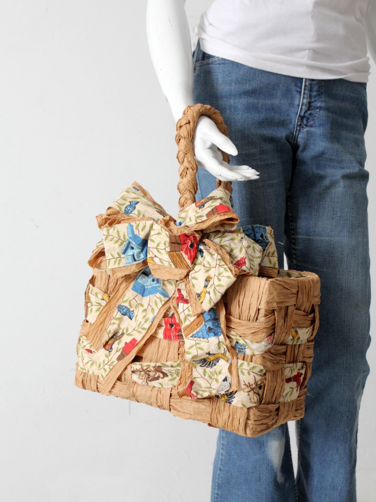 vintage woven paper tote with bird print fabric