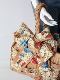 vintage woven paper tote with bird print fabric