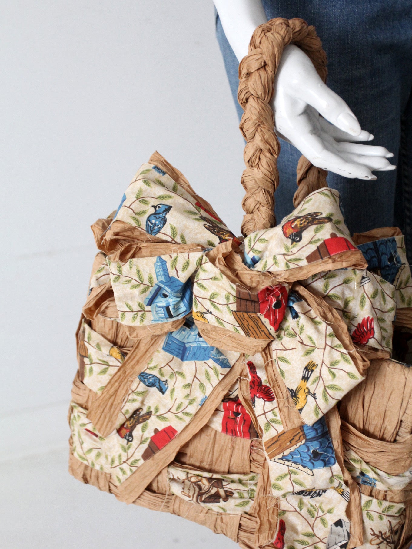 vintage woven paper tote with bird print fabric