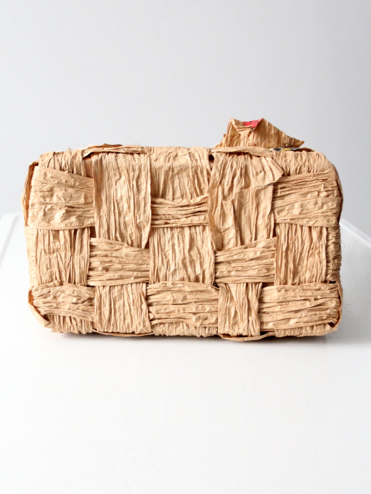 vintage woven paper tote with bird print fabric