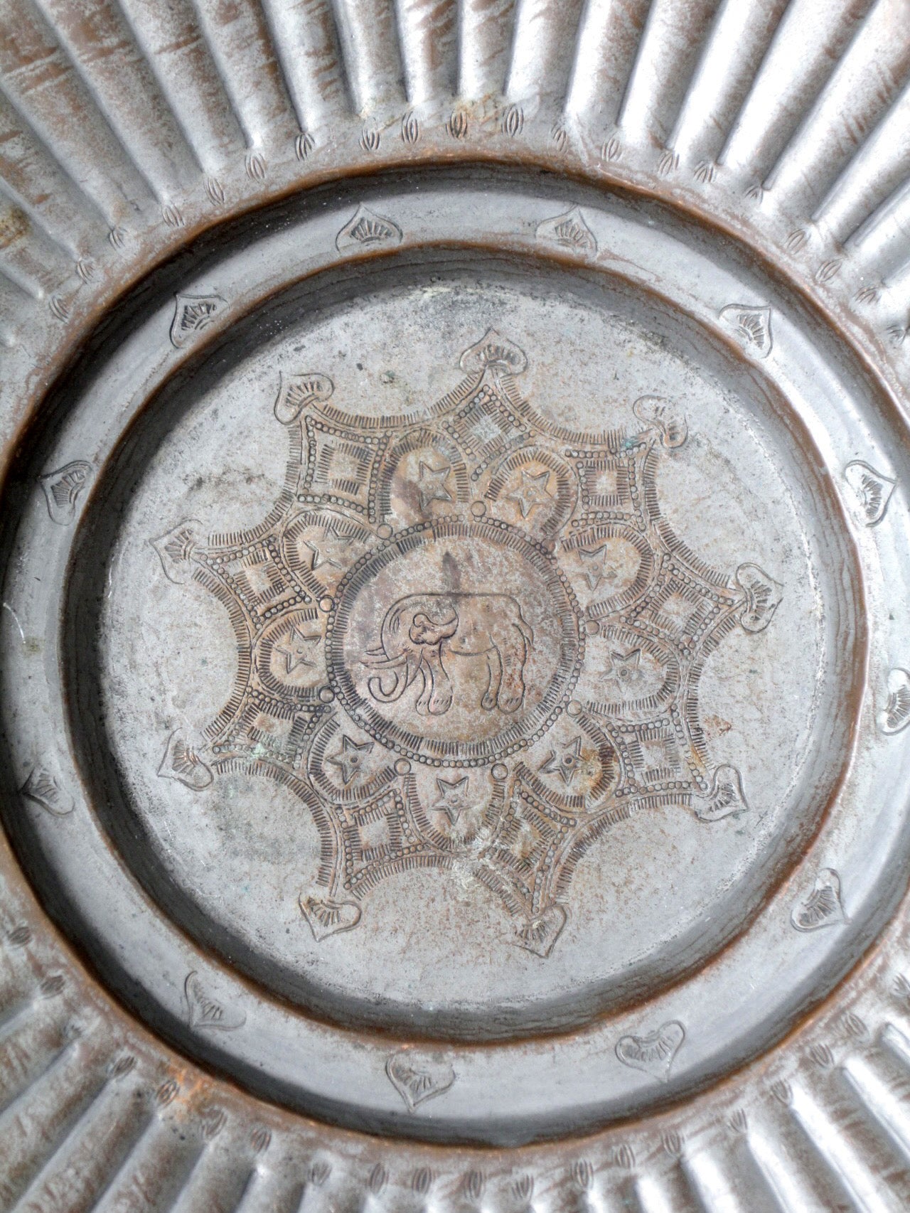 mid-century tinned copper elephant wall plate