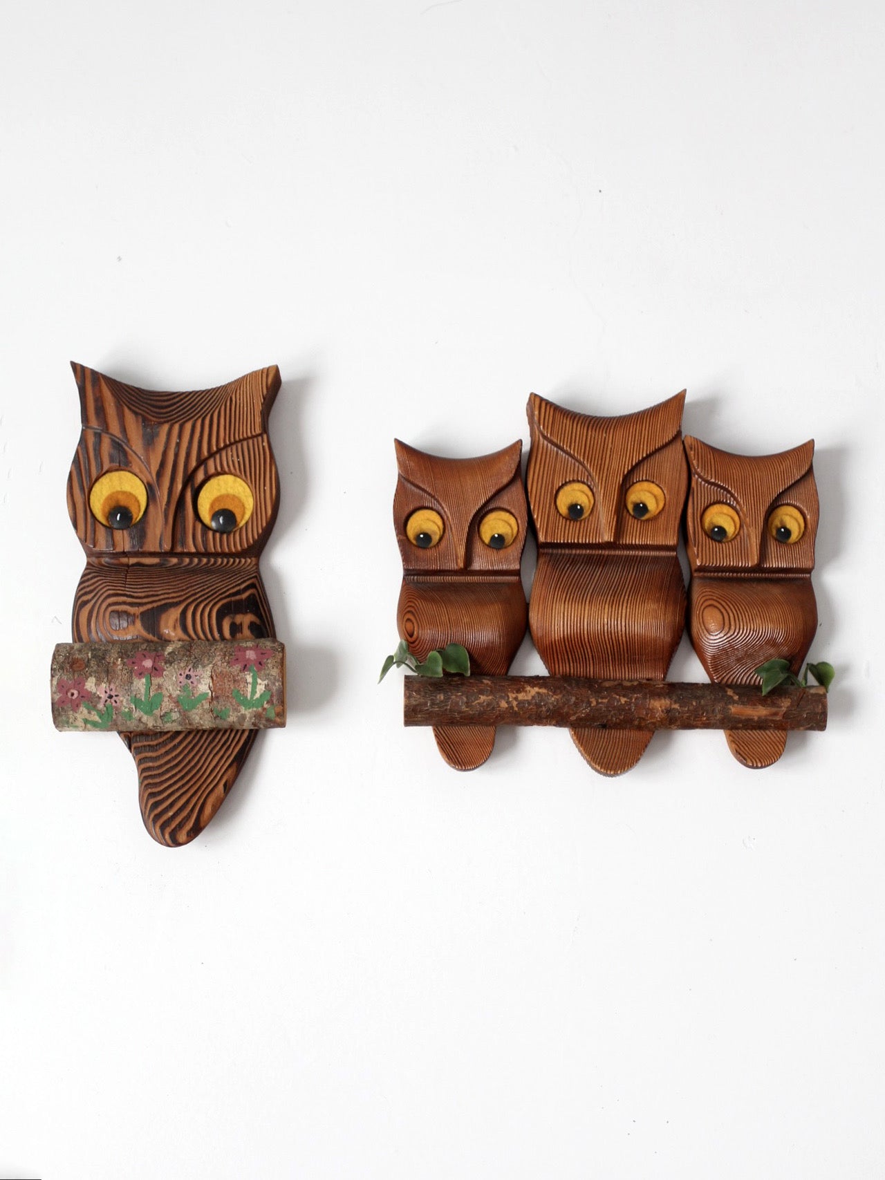 vintage carved wood owl wall hangings pair