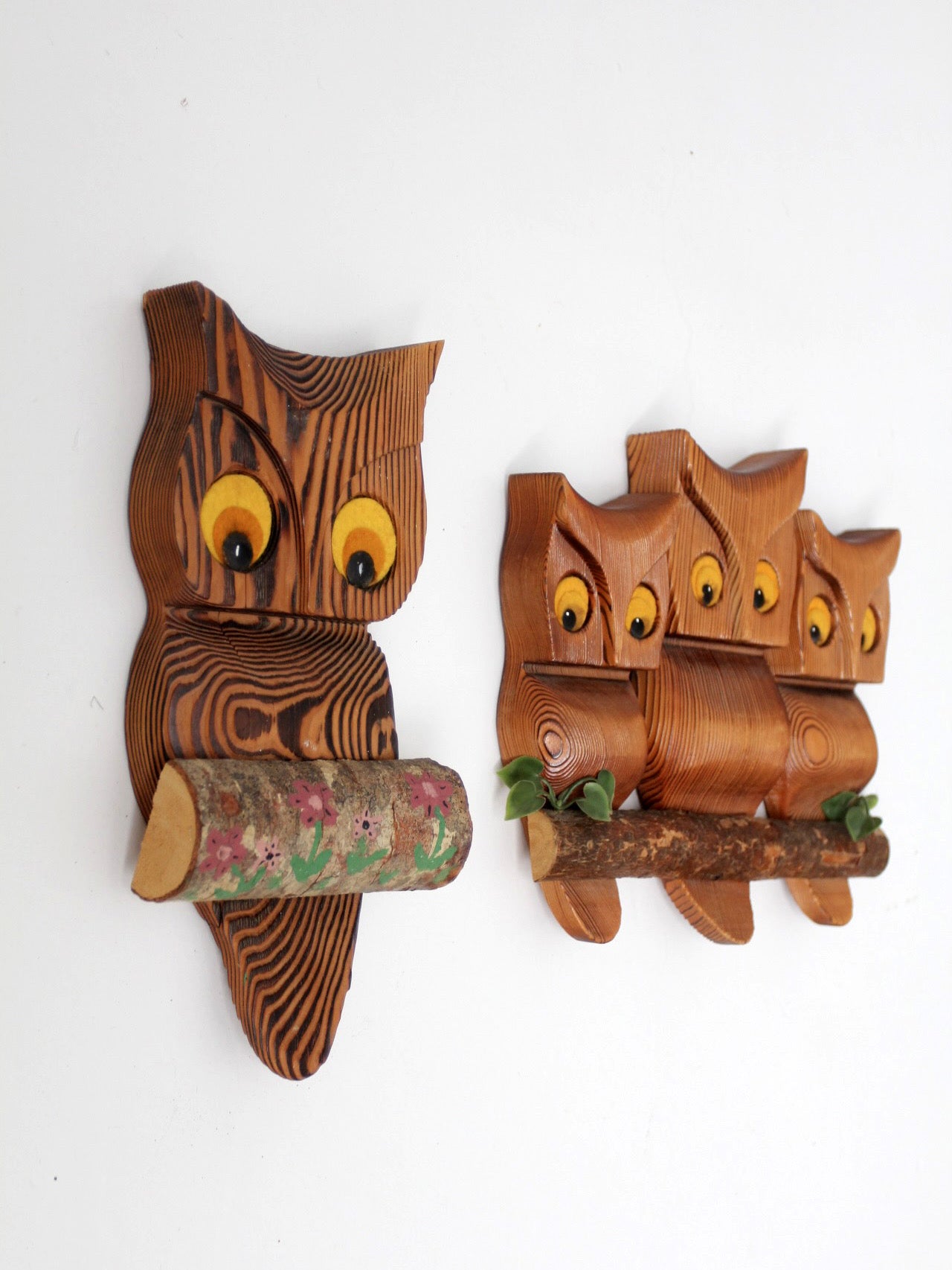vintage carved wood owl wall hangings pair