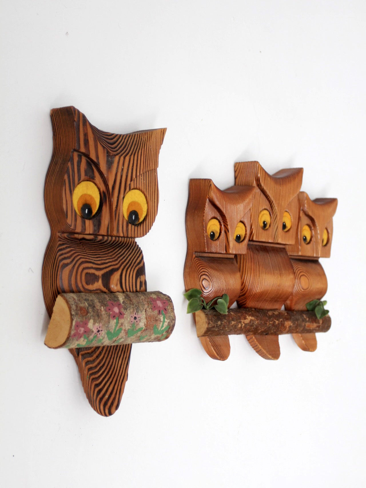 vintage carved wood owl wall hangings pair