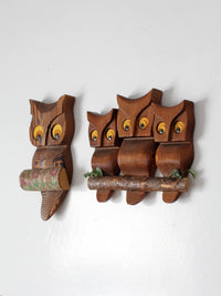 vintage carved wood owl wall hangings pair