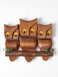 vintage carved wood owl wall hangings pair