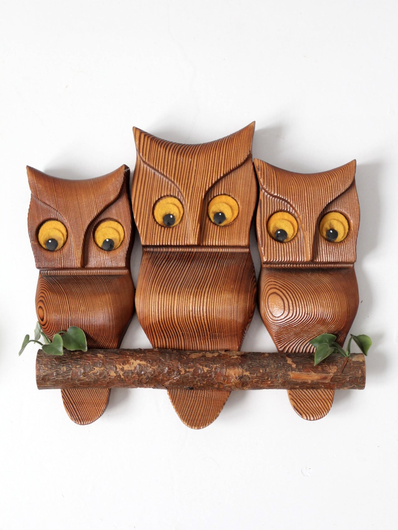vintage carved wood owl wall hangings pair
