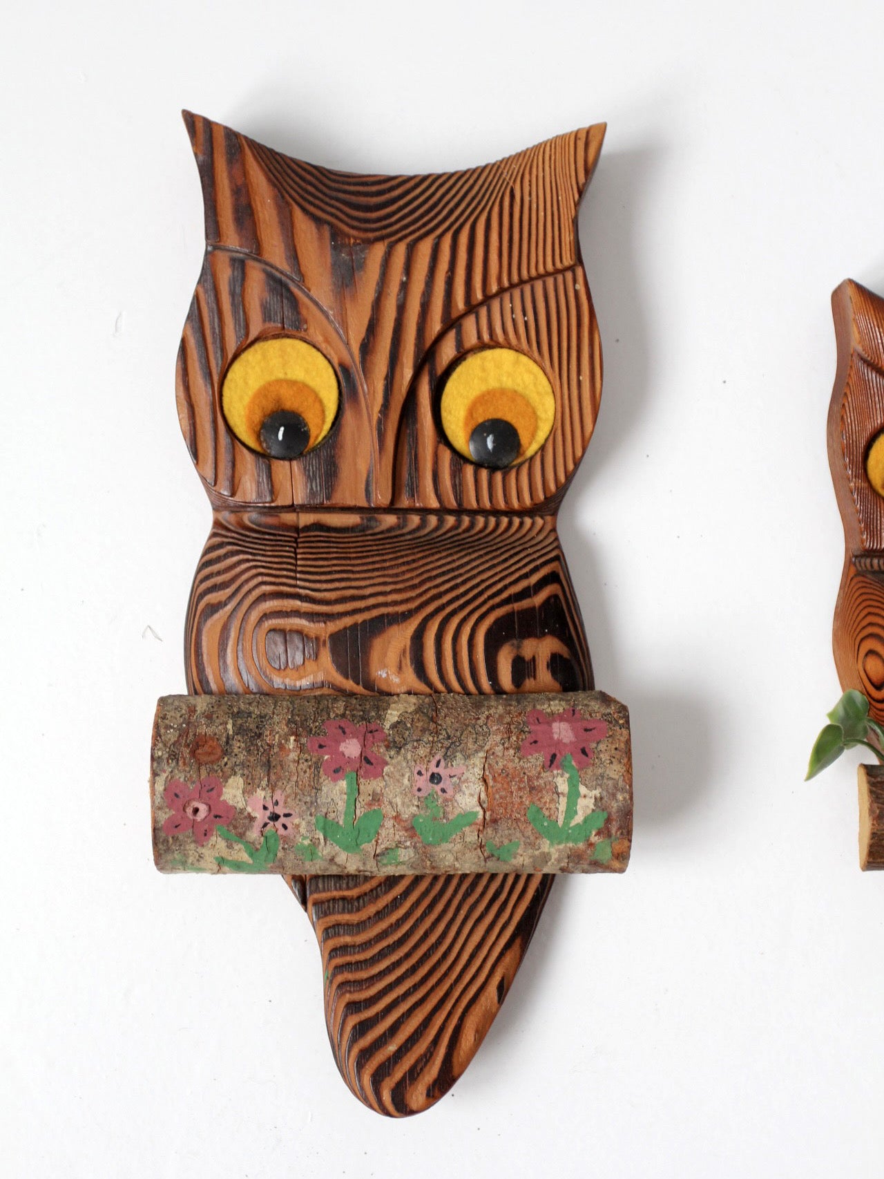 vintage carved wood owl wall hangings pair