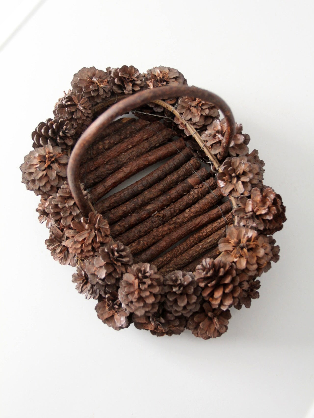 vintage handmade pinecone basket