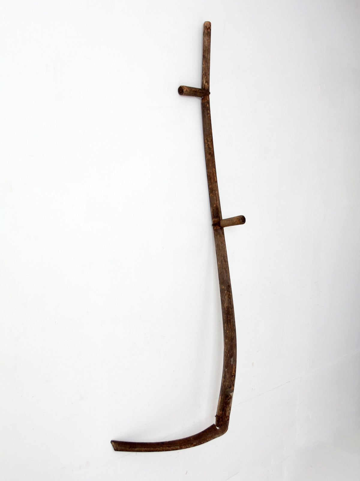 antique wood and iron farm scythe