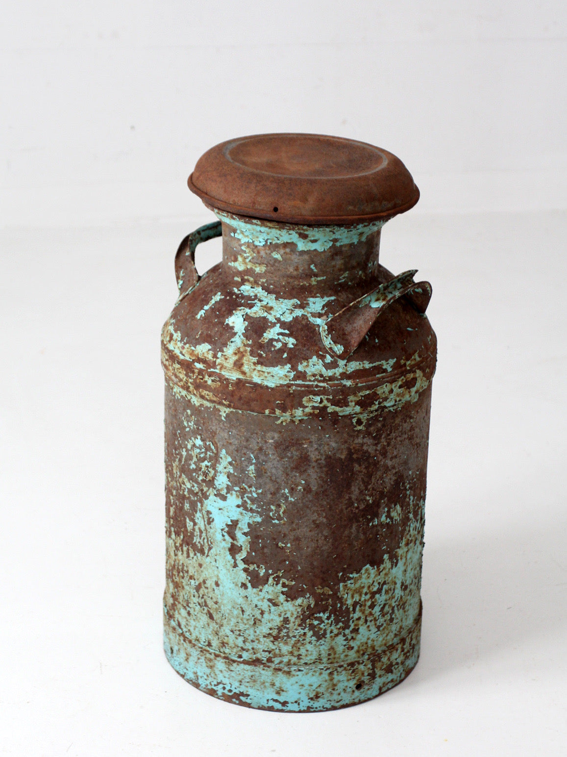 antique turquoise painted metal milk can