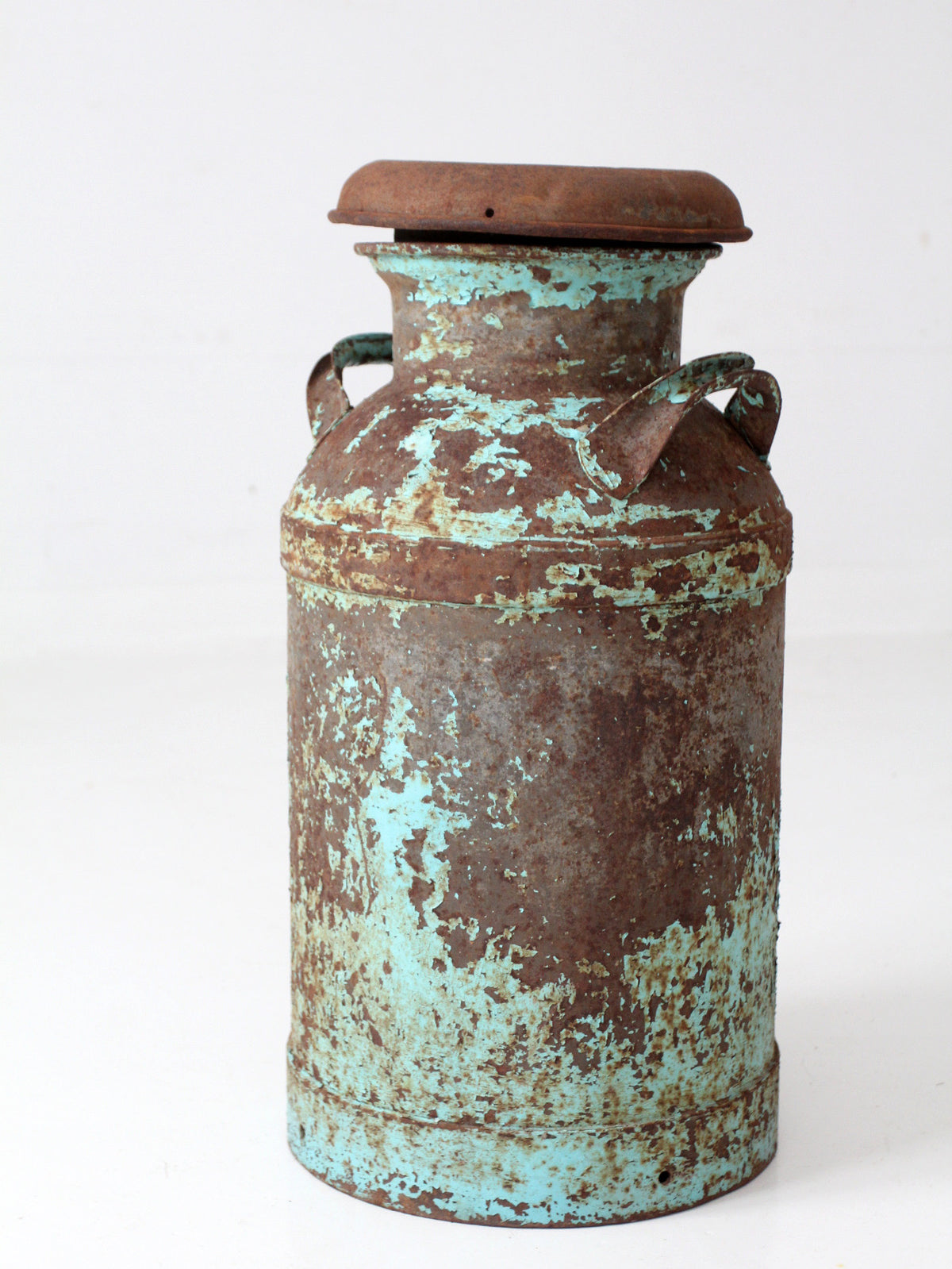 antique turquoise painted metal milk can