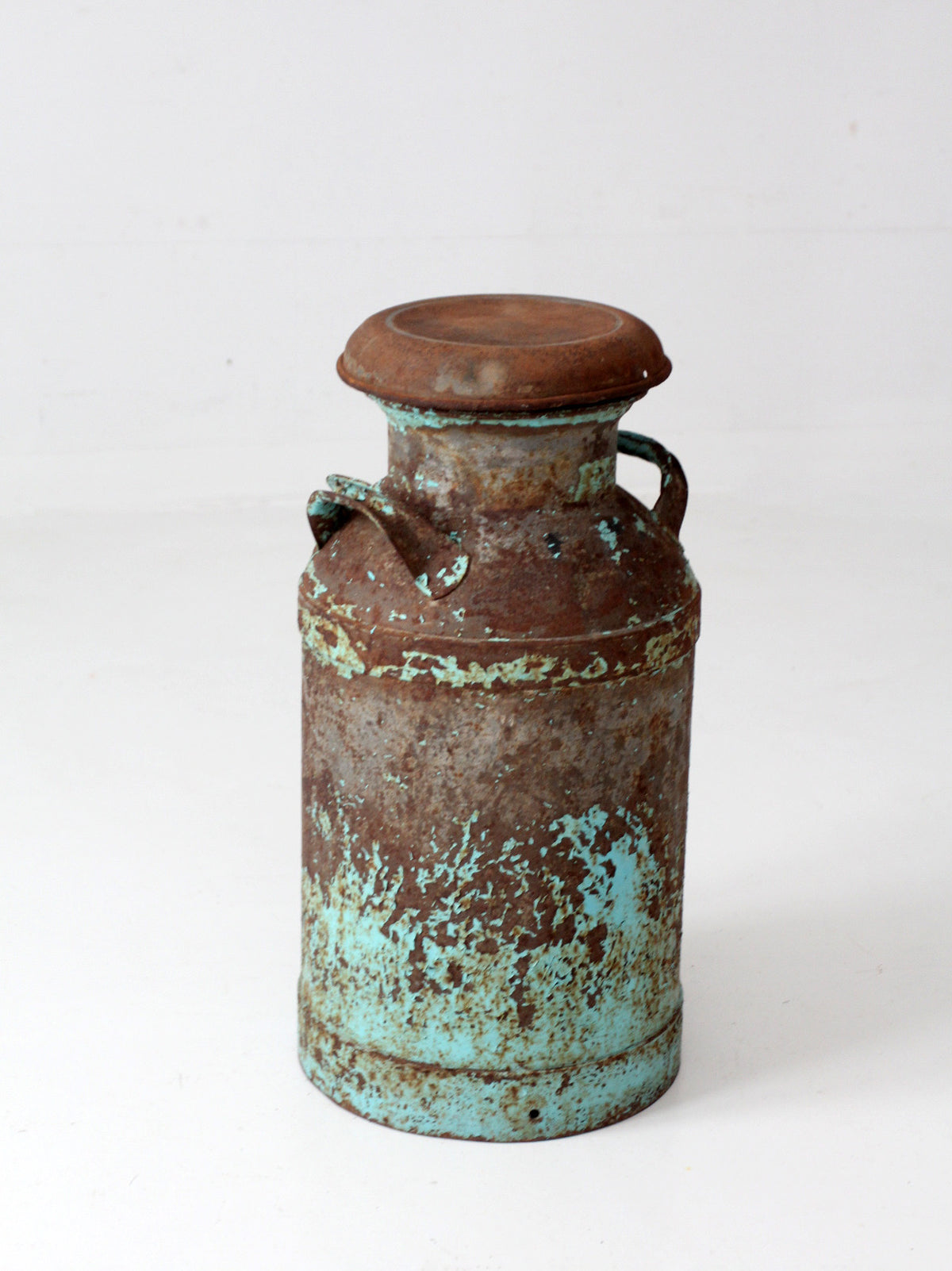 antique turquoise painted metal milk can