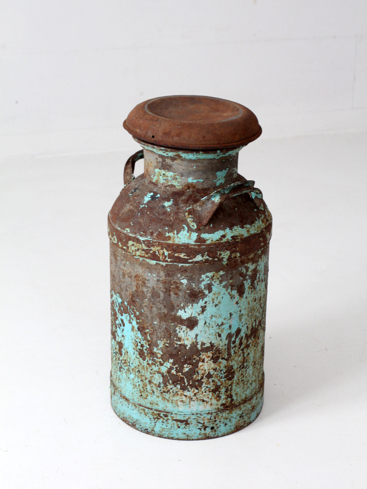 antique turquoise painted metal milk can