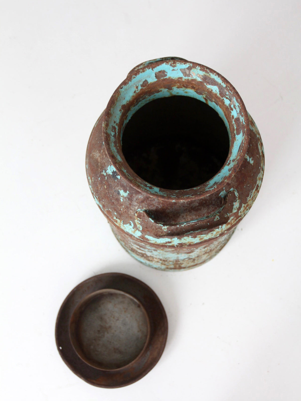 antique turquoise painted metal milk can