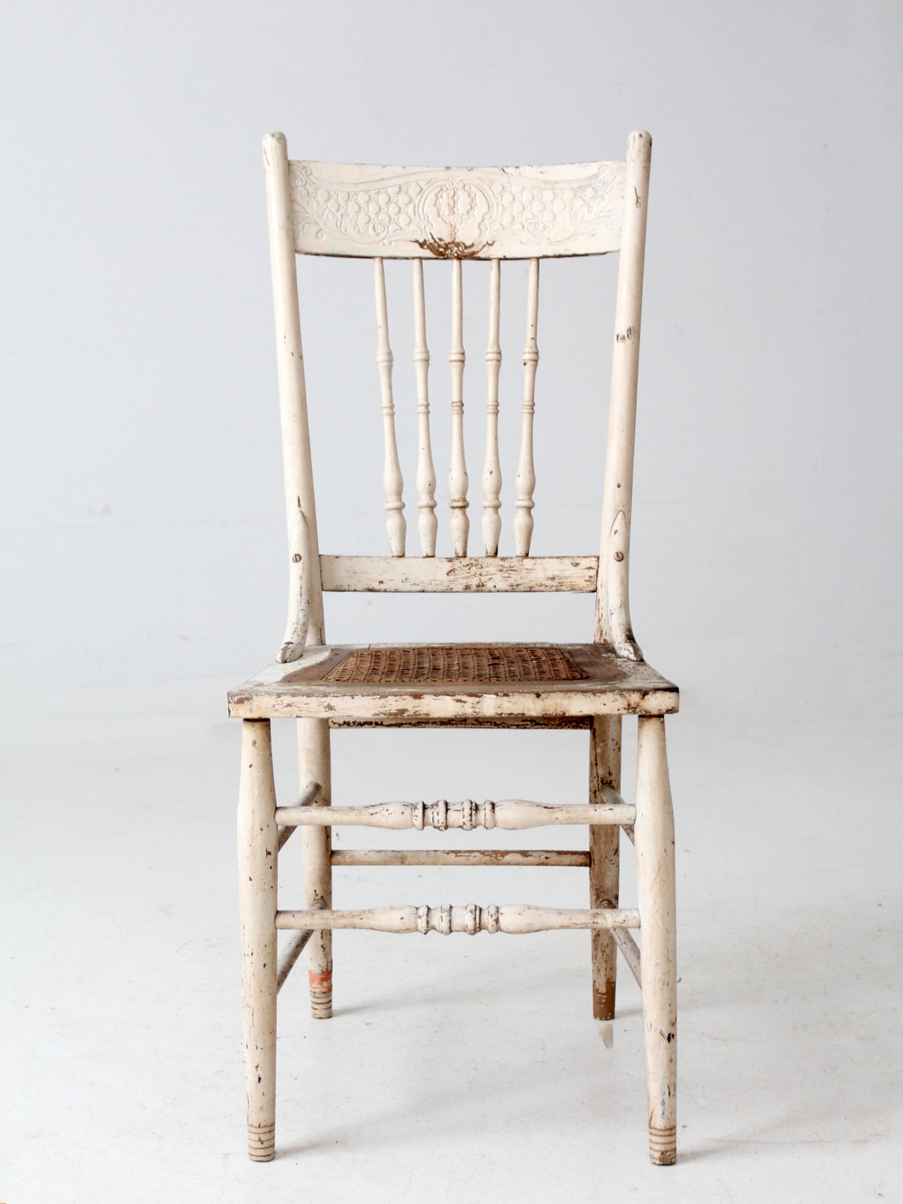 antique painted press back chair with cane seat