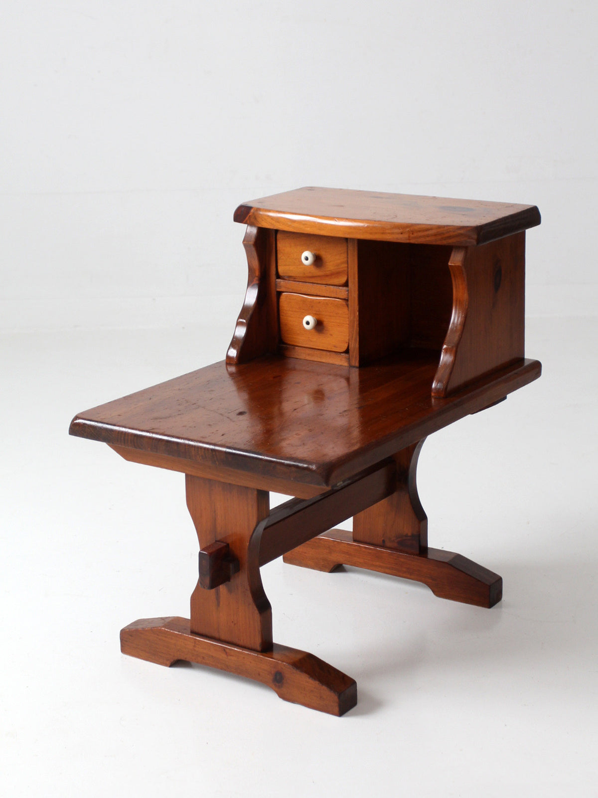 vintage pine gallery end table with drawers