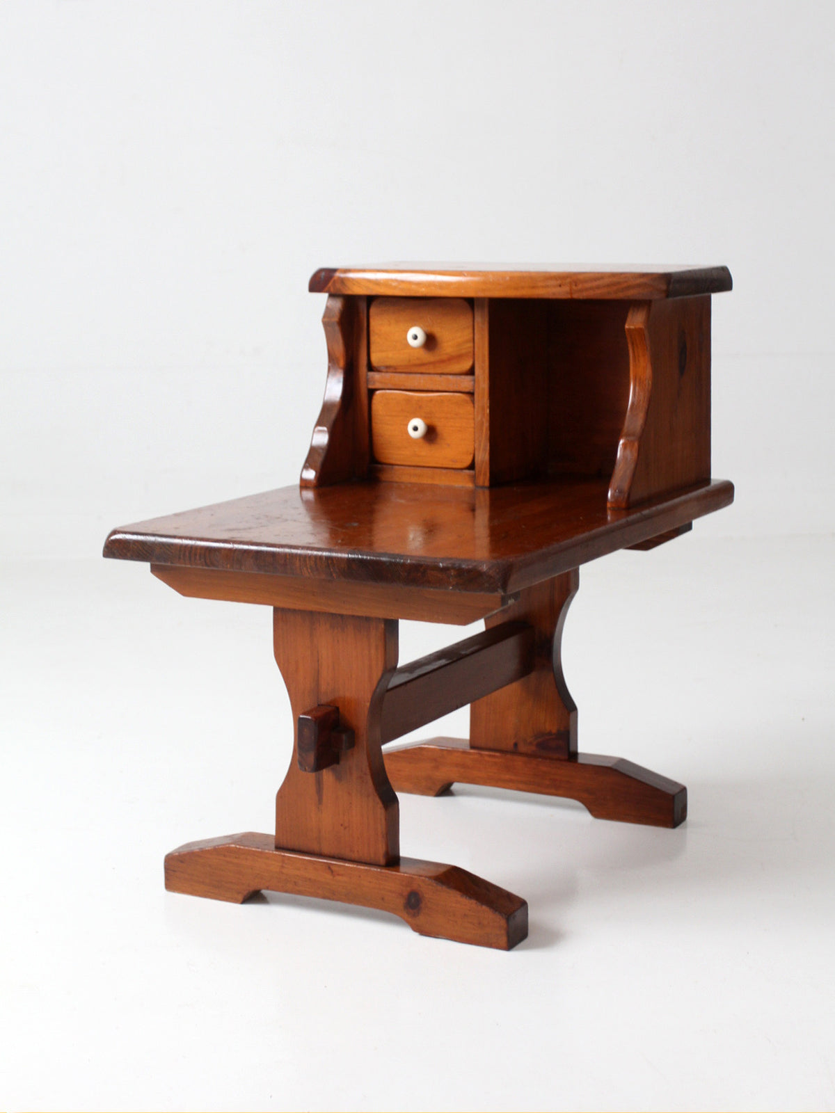 vintage pine gallery end table with drawers