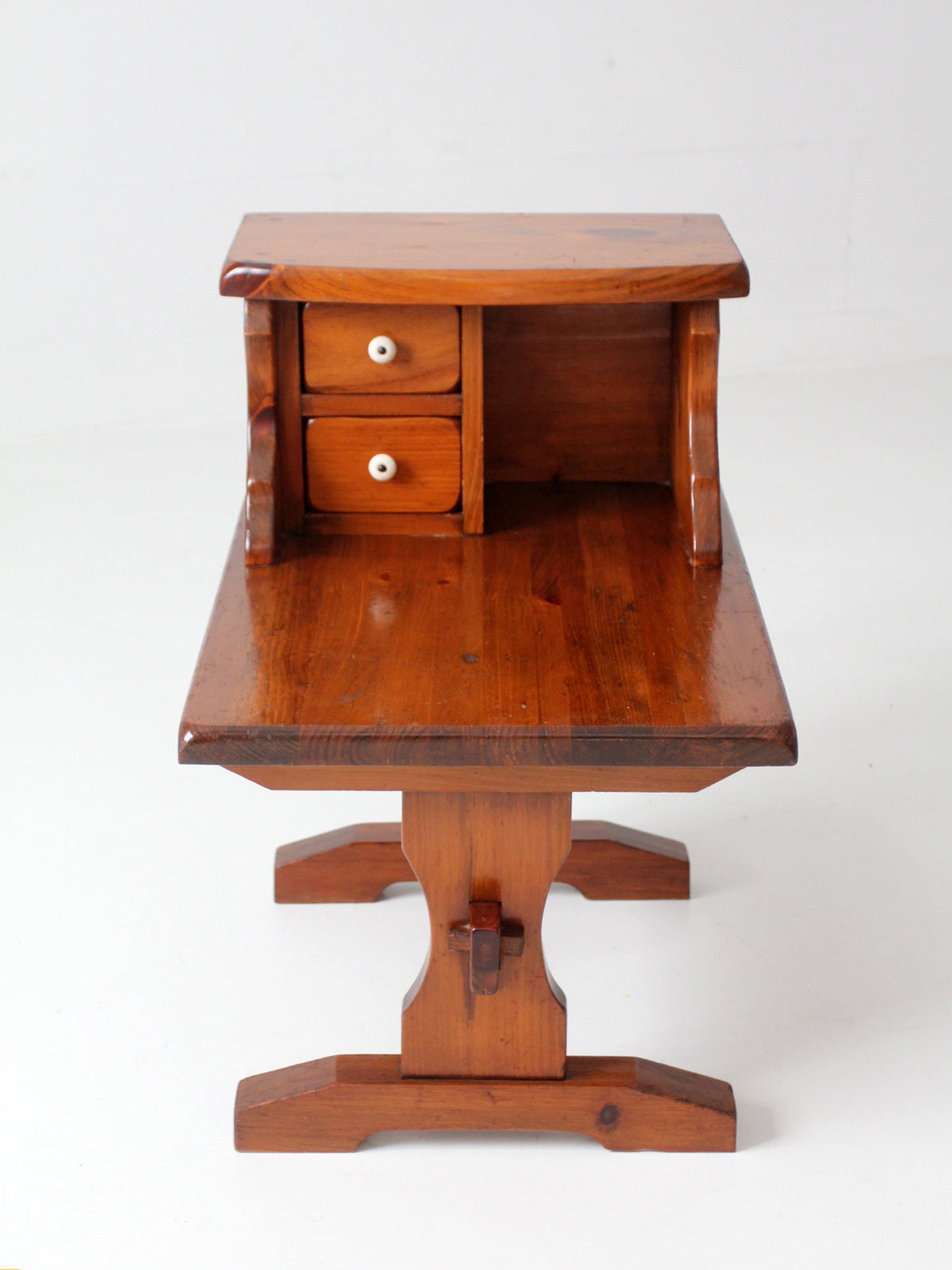 vintage pine gallery end table with drawers