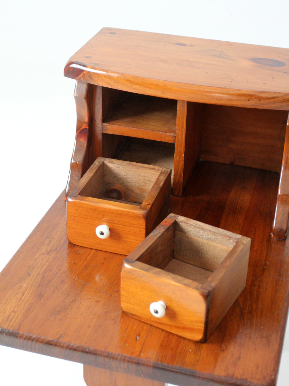 vintage pine gallery end table with drawers
