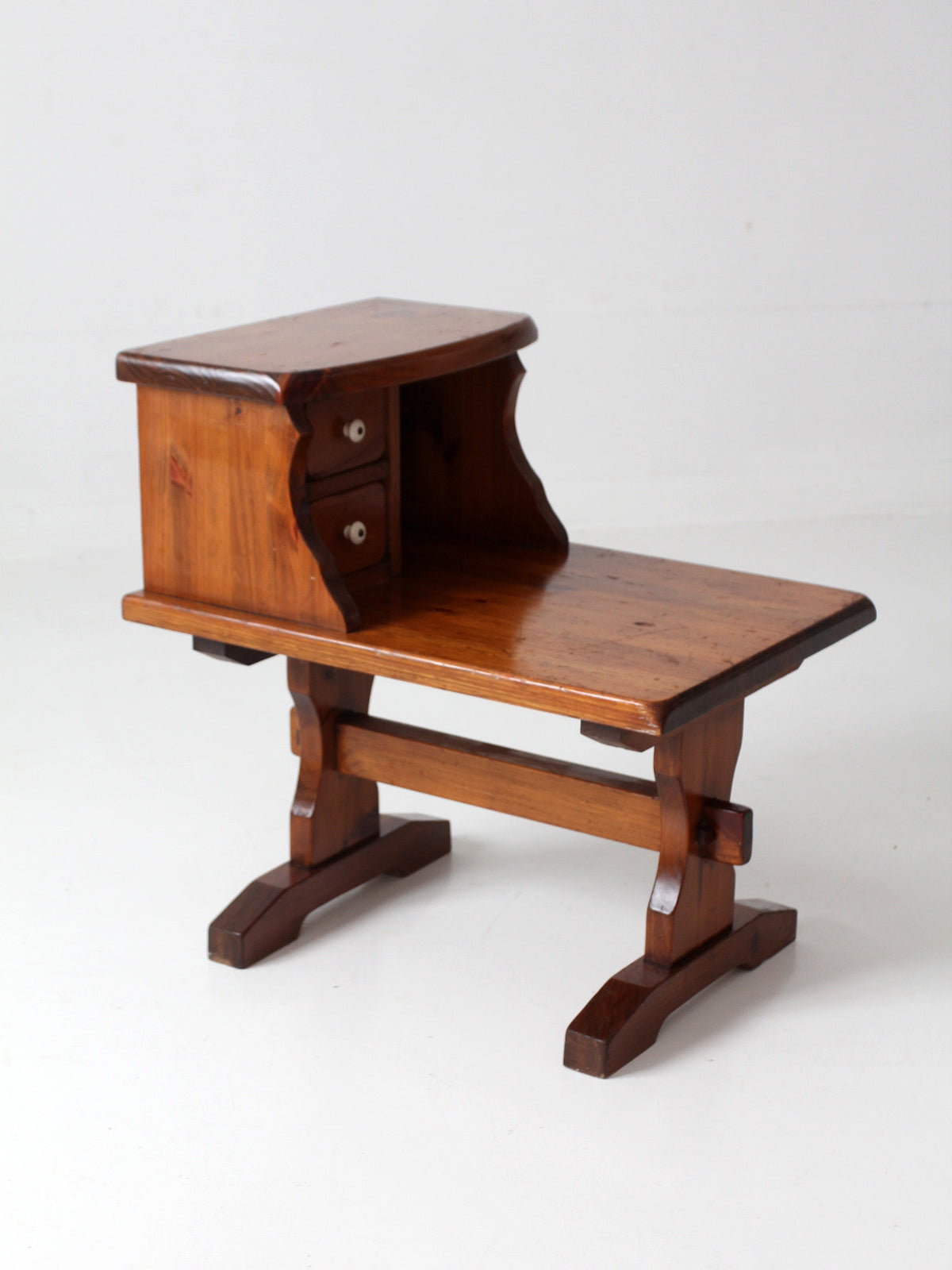 vintage pine gallery end table with drawers