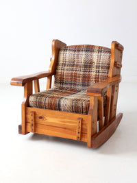 vintage pine rocking chair with plaid tweed cushions