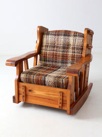 vintage pine rocking chair with plaid tweed cushions