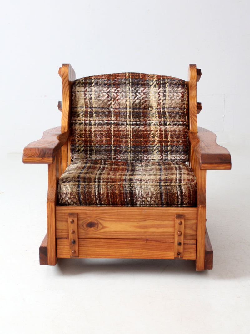 vintage pine rocking chair with plaid tweed cushions