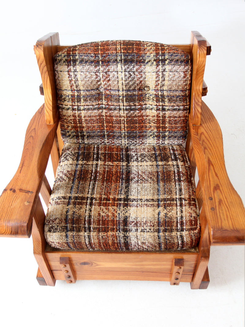vintage pine rocking chair with plaid tweed cushions