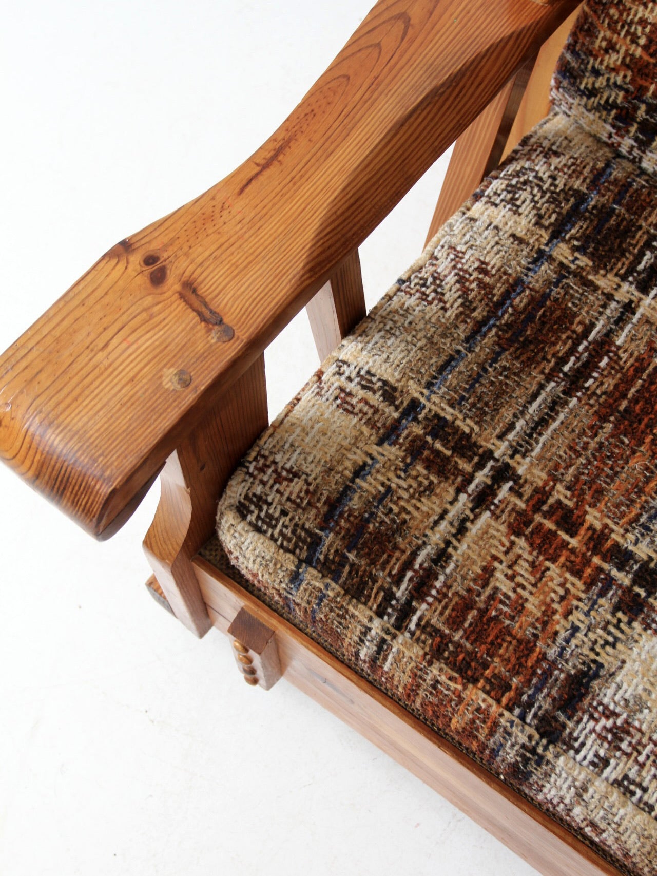 vintage pine rocking chair with plaid tweed cushions