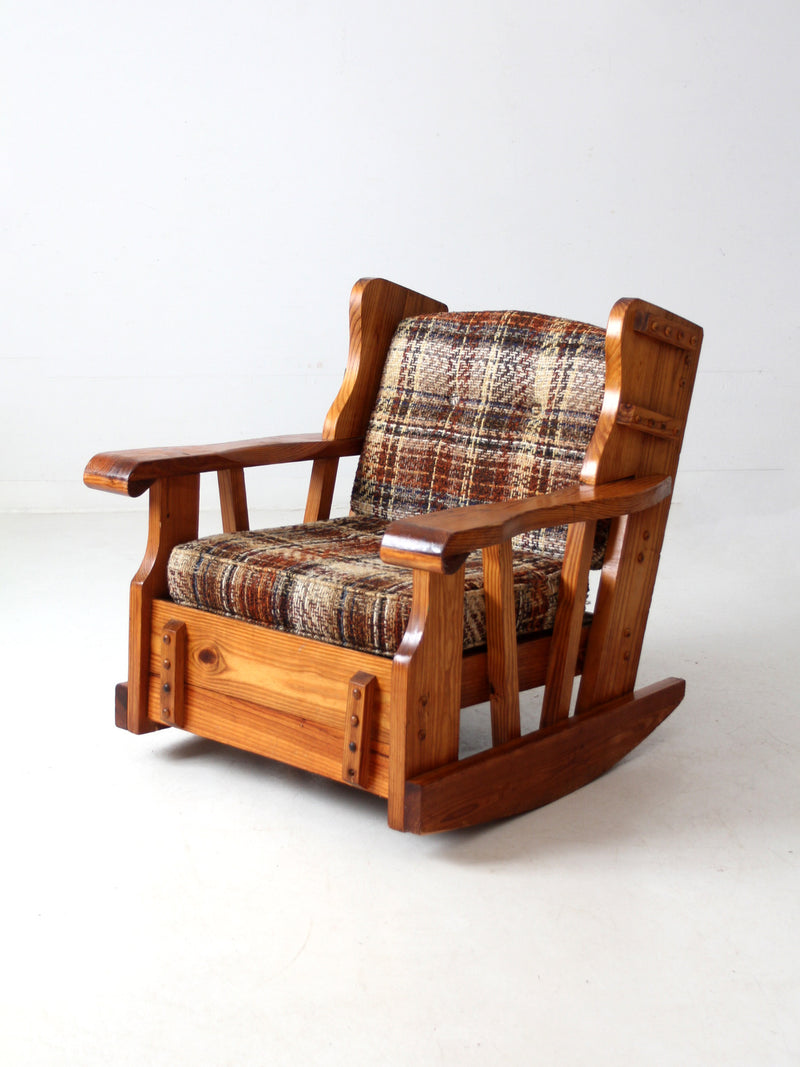 vintage pine rocking chair with plaid tweed cushions