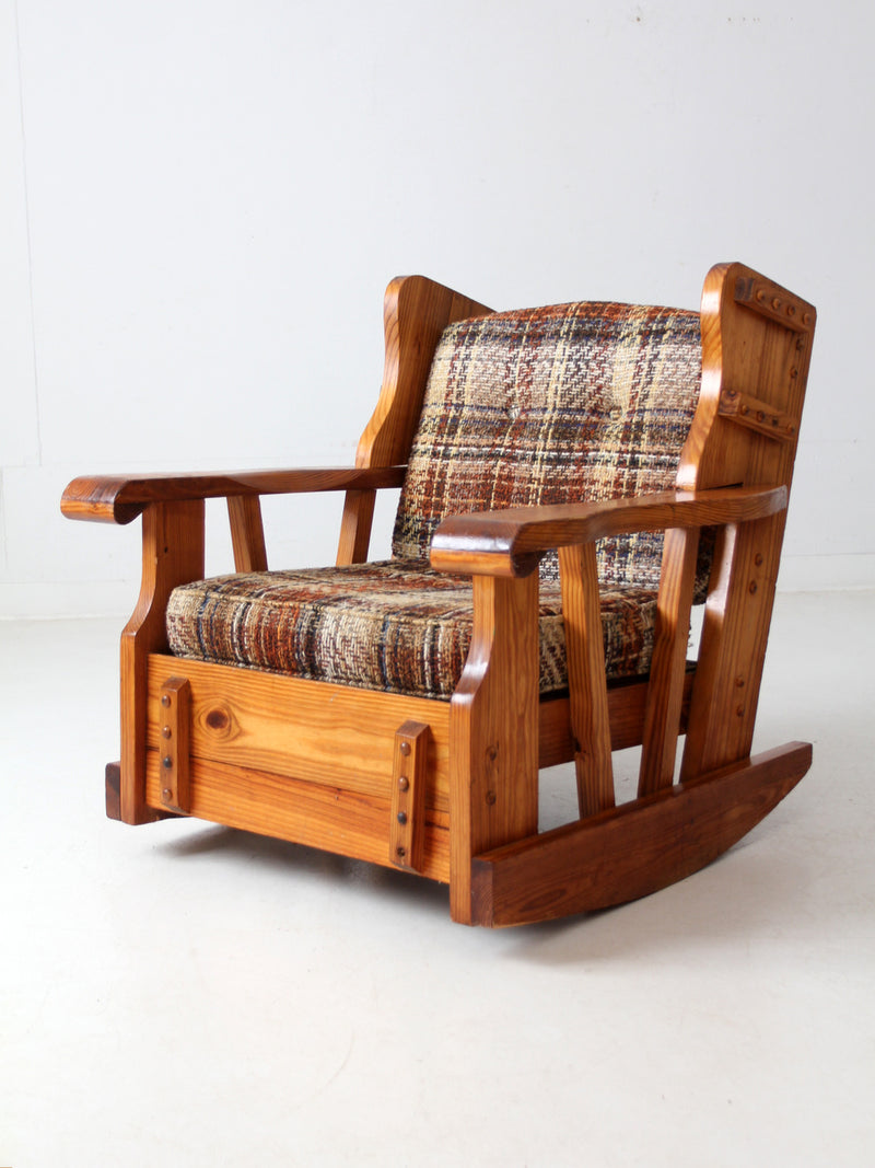 vintage pine rocking chair with plaid tweed cushions