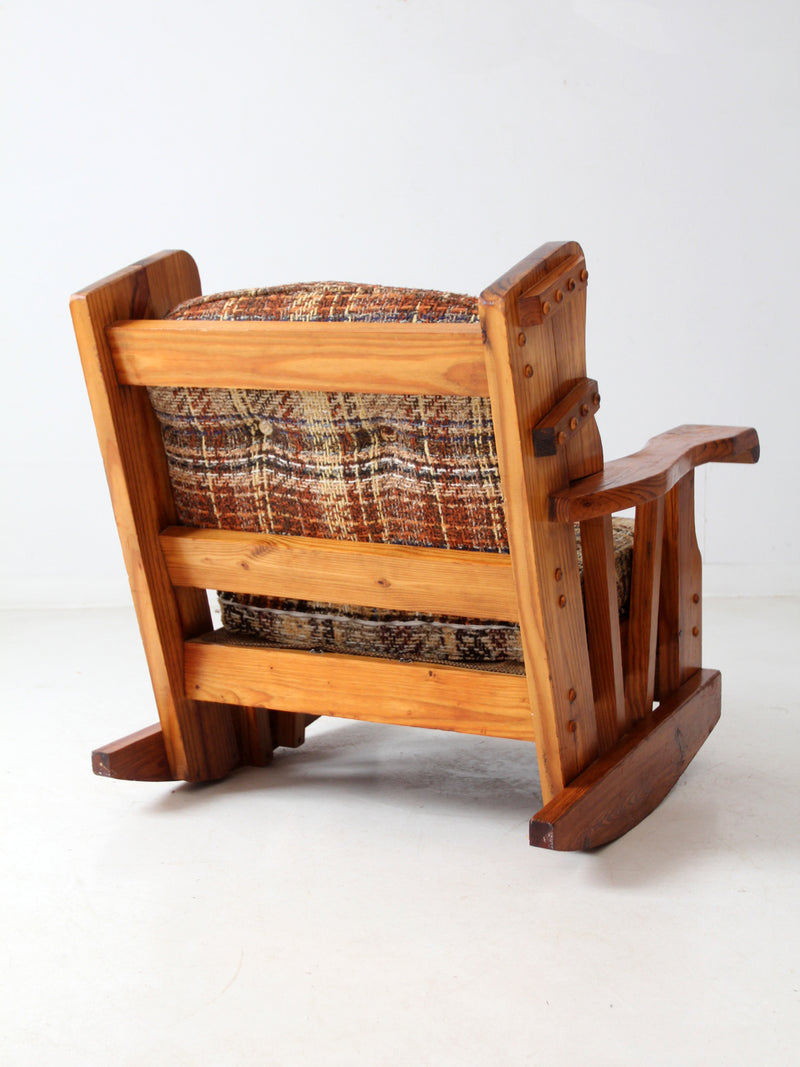 vintage pine rocking chair with plaid tweed cushions
