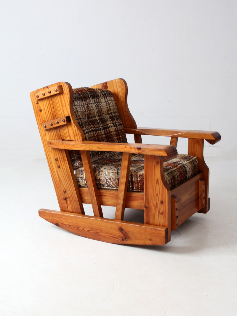 vintage pine rocking chair with plaid tweed cushions