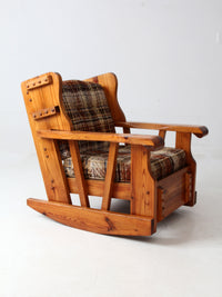 vintage pine rocking chair with plaid tweed cushions