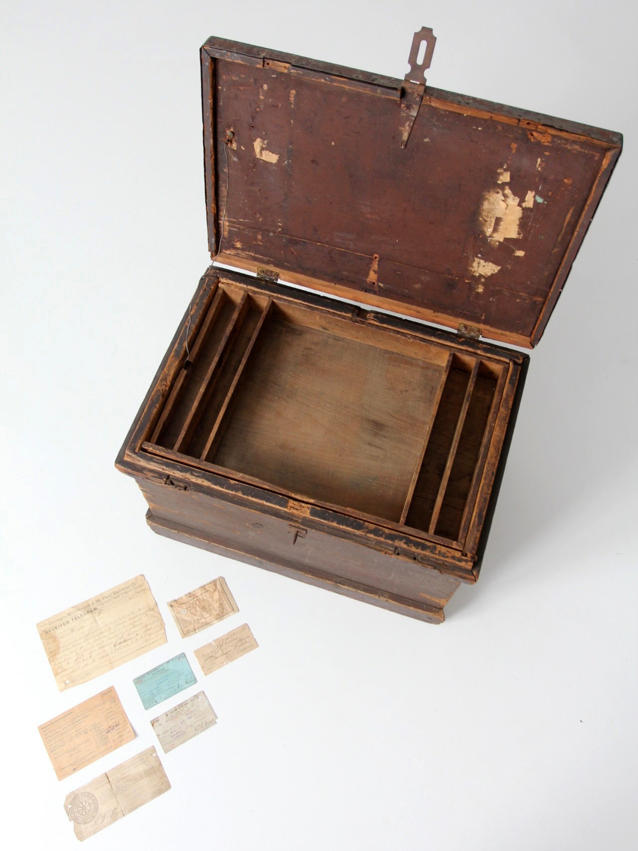 antique railroad conductor's box with original railway paperwork
