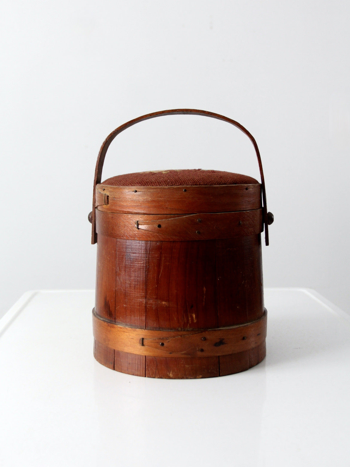 antique firkin sugar bucket with needlepoint lid
