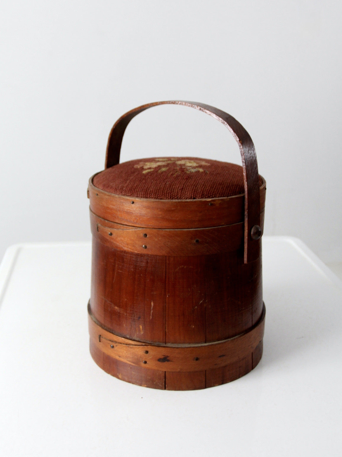 antique firkin sugar bucket with needlepoint lid