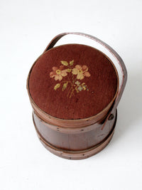 antique firkin sugar bucket with needlepoint lid