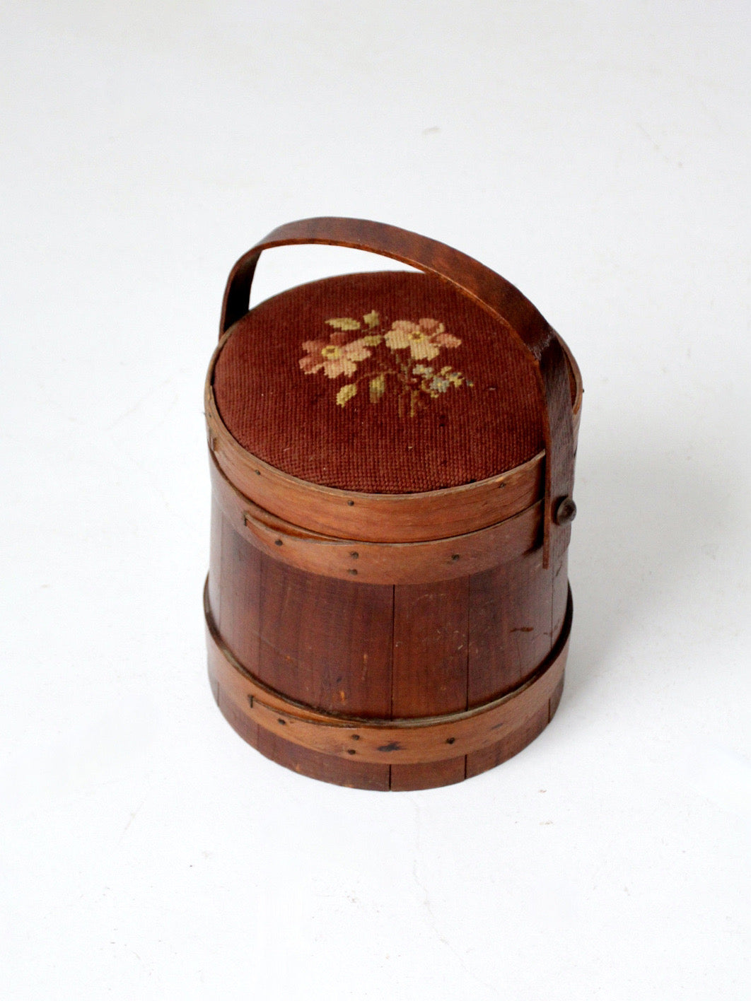 antique firkin sugar bucket with needlepoint lid