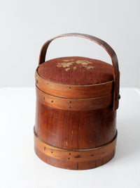antique firkin sugar bucket with needlepoint lid
