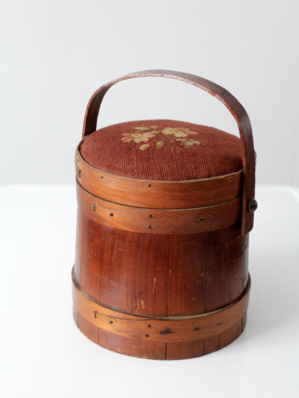 antique firkin sugar bucket with needlepoint lid