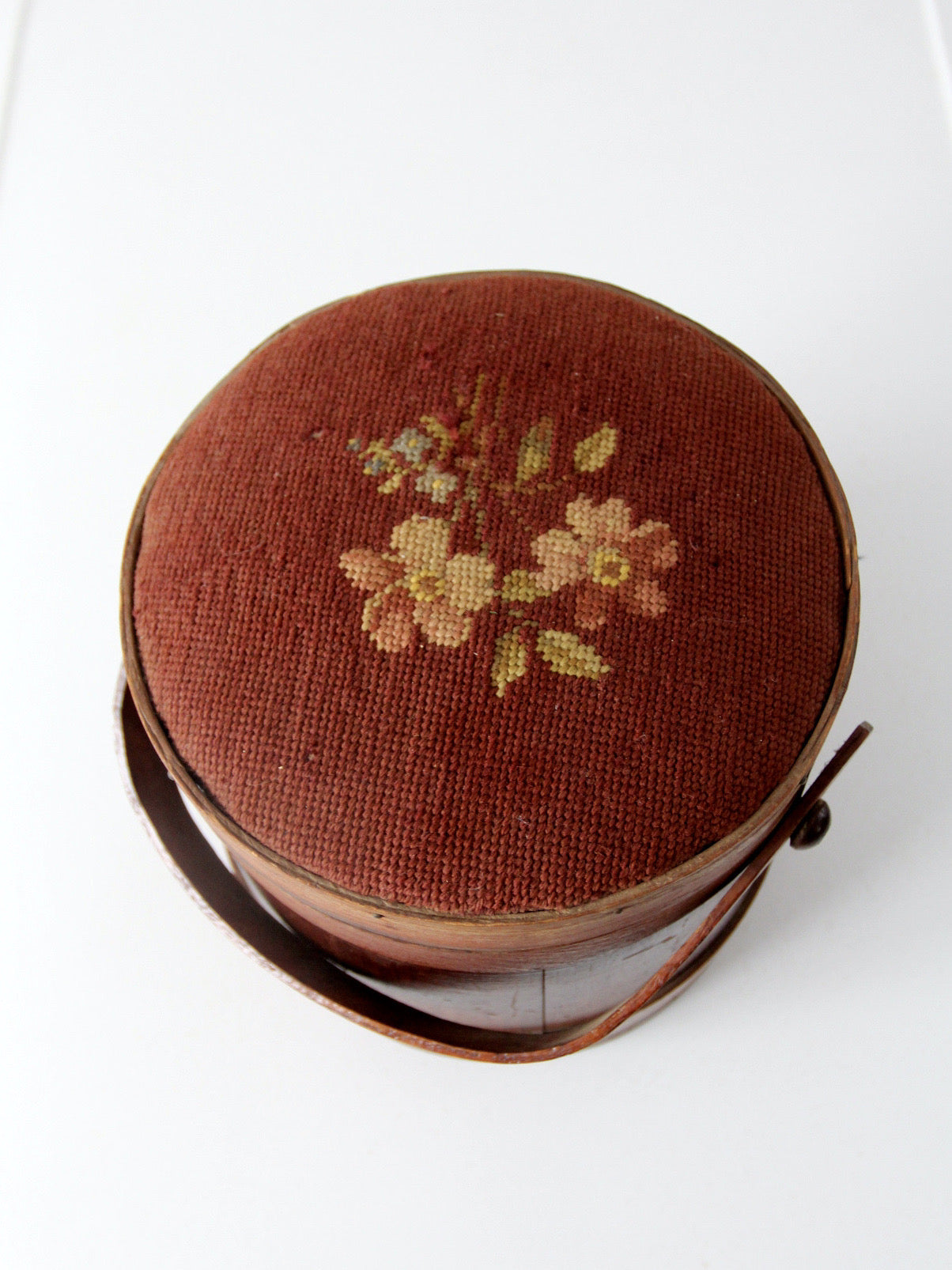 antique firkin sugar bucket with needlepoint lid