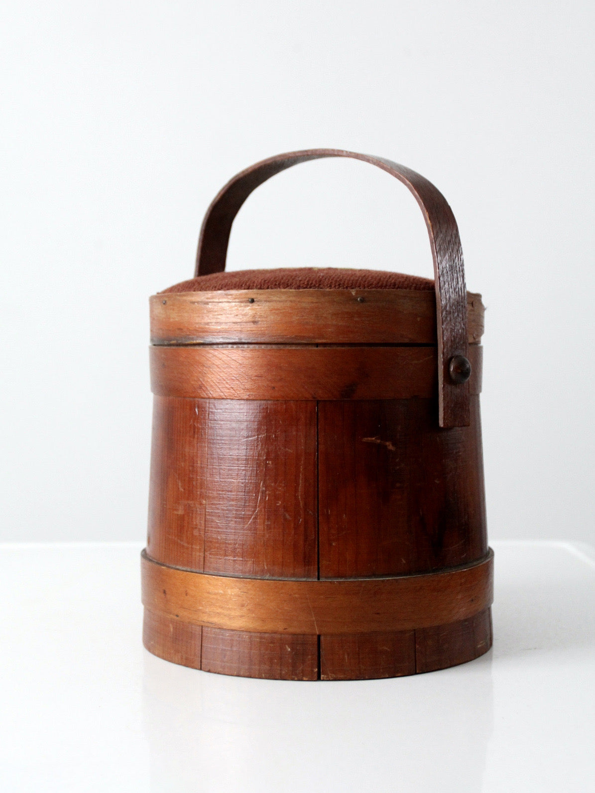 antique firkin sugar bucket with needlepoint lid