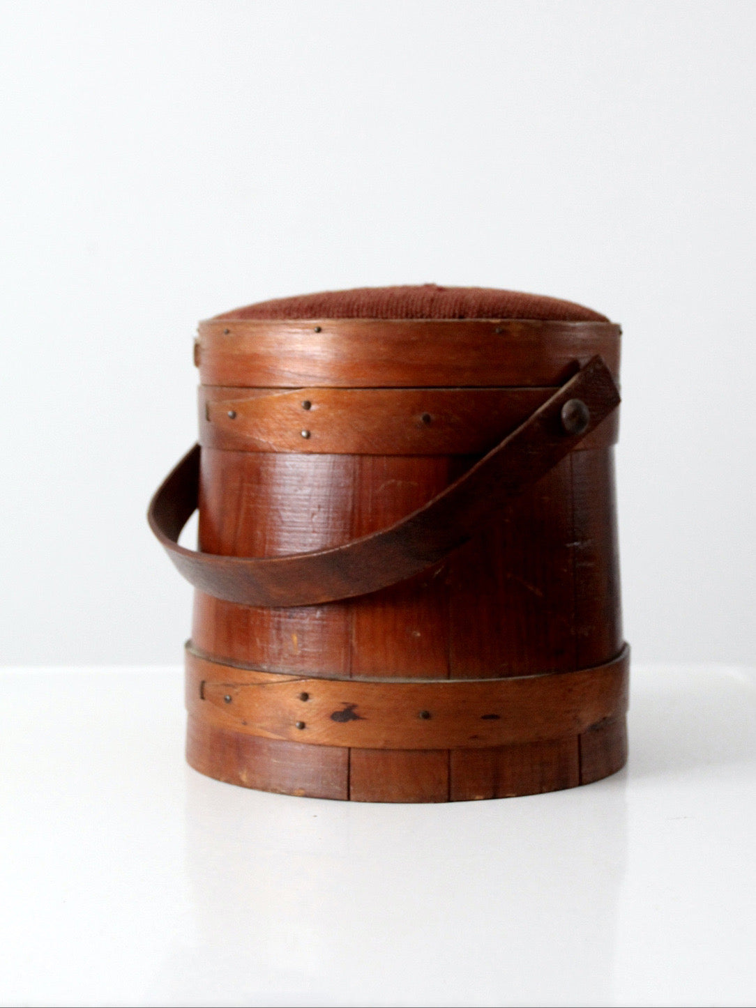 antique firkin sugar bucket with needlepoint lid