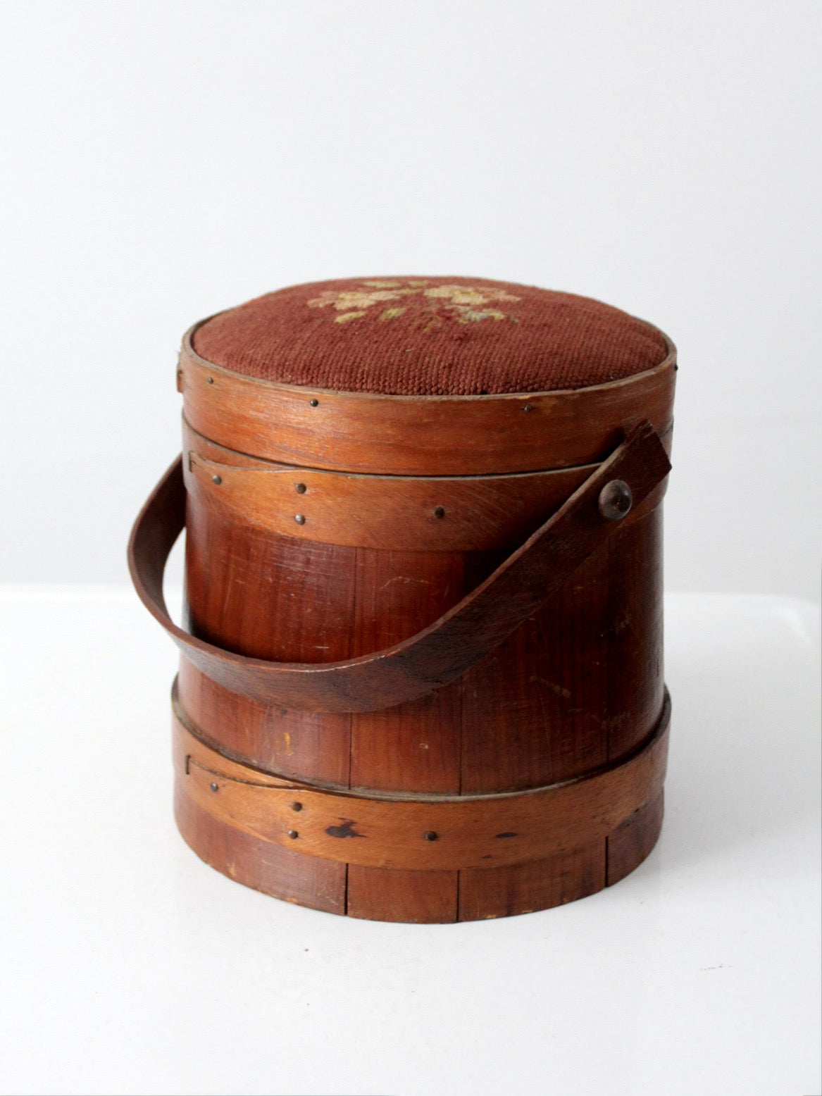 antique firkin sugar bucket with needlepoint lid